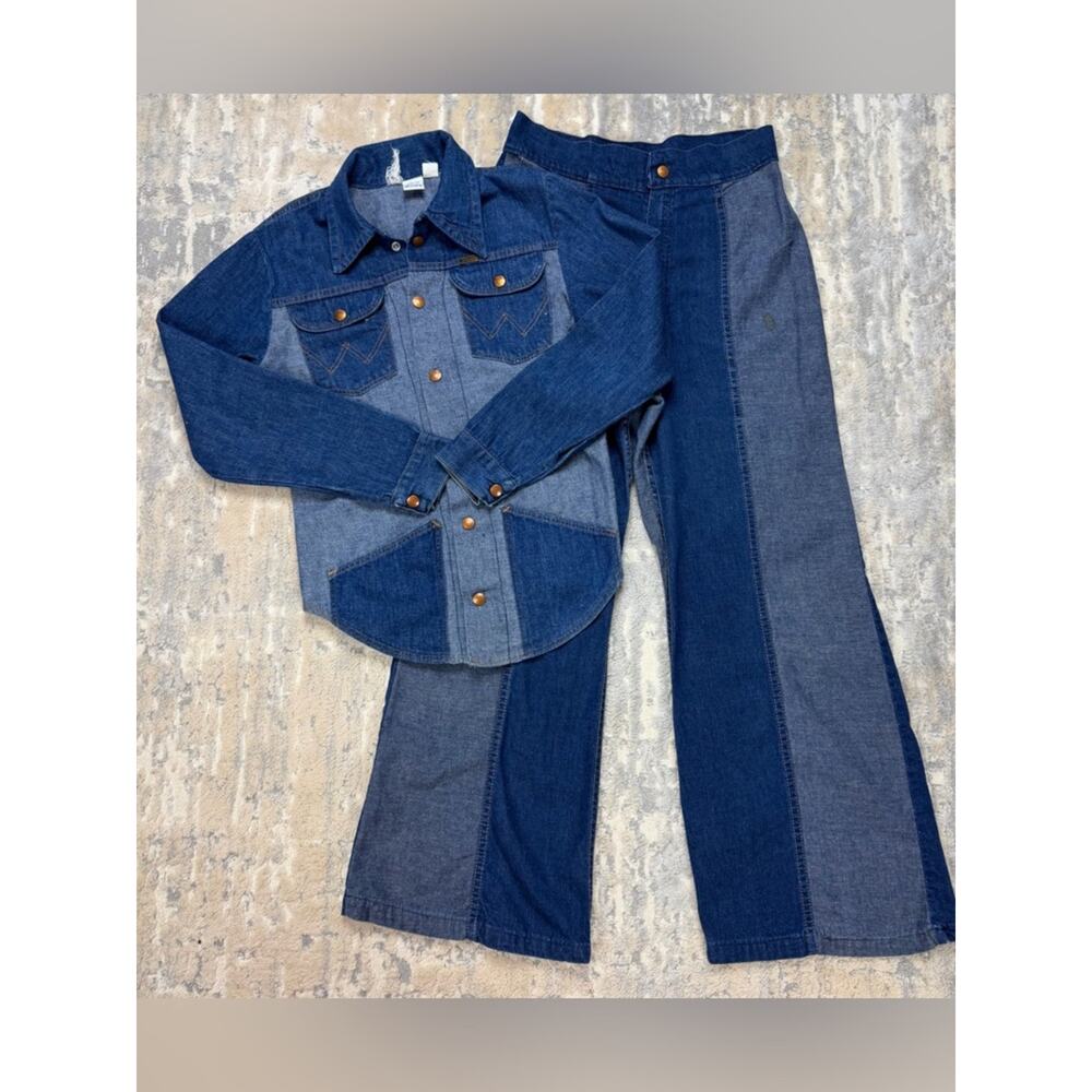RARE Vintage 1970s Wrangler Brand Denim 2 Piece outfit Set Pants Suit Wide Leg